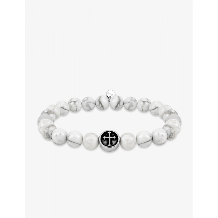 Bracelet élastique agate blanche et breloque croix acier