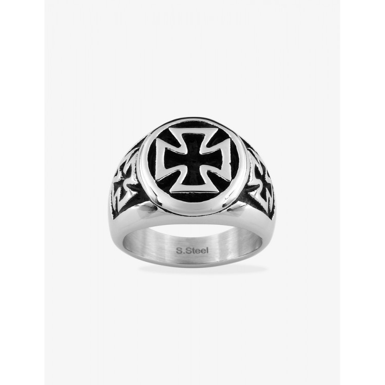 Bague chevalière en acier noir et gris motif croix